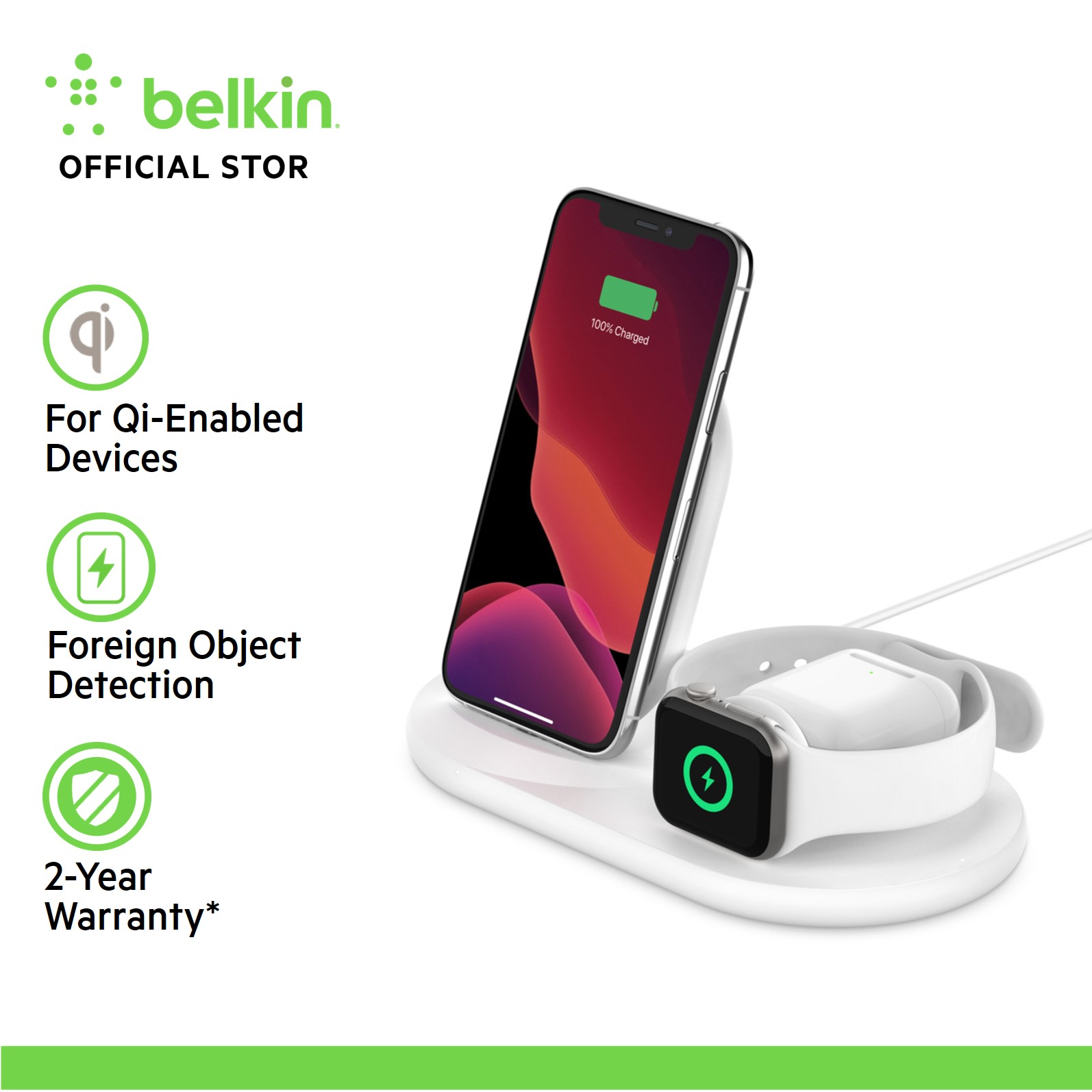 Belkin WIZ001my BoostCharge 3-in-1 Wireless Charger for Apple Devices with Power Adapter