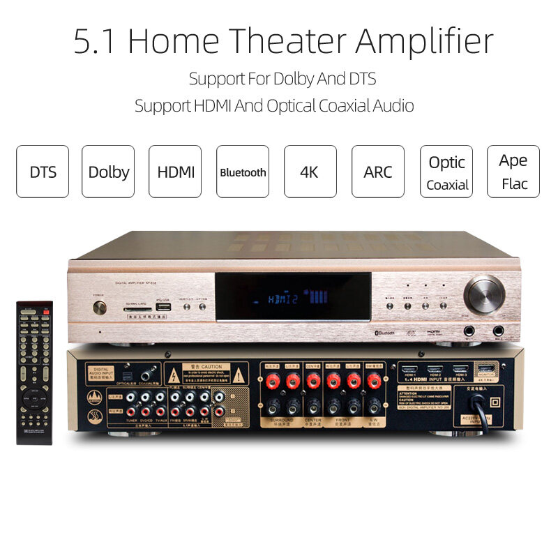 5.1 Home Theater Amplifier HDMI and ARC HD Digital Optic Coaxial Audio Support Dolby and DTS, Smart TV, TV Box, Bluetooth,USB music play, Speaker Power Amplifier System