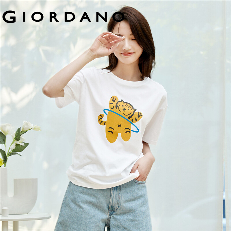 GIORDANO Women T-Shirts Print Graphic 100% Cotton Casual T-Shirts Simple Crewneck Short Sleeve Summer Basic T-Shirts 99392009