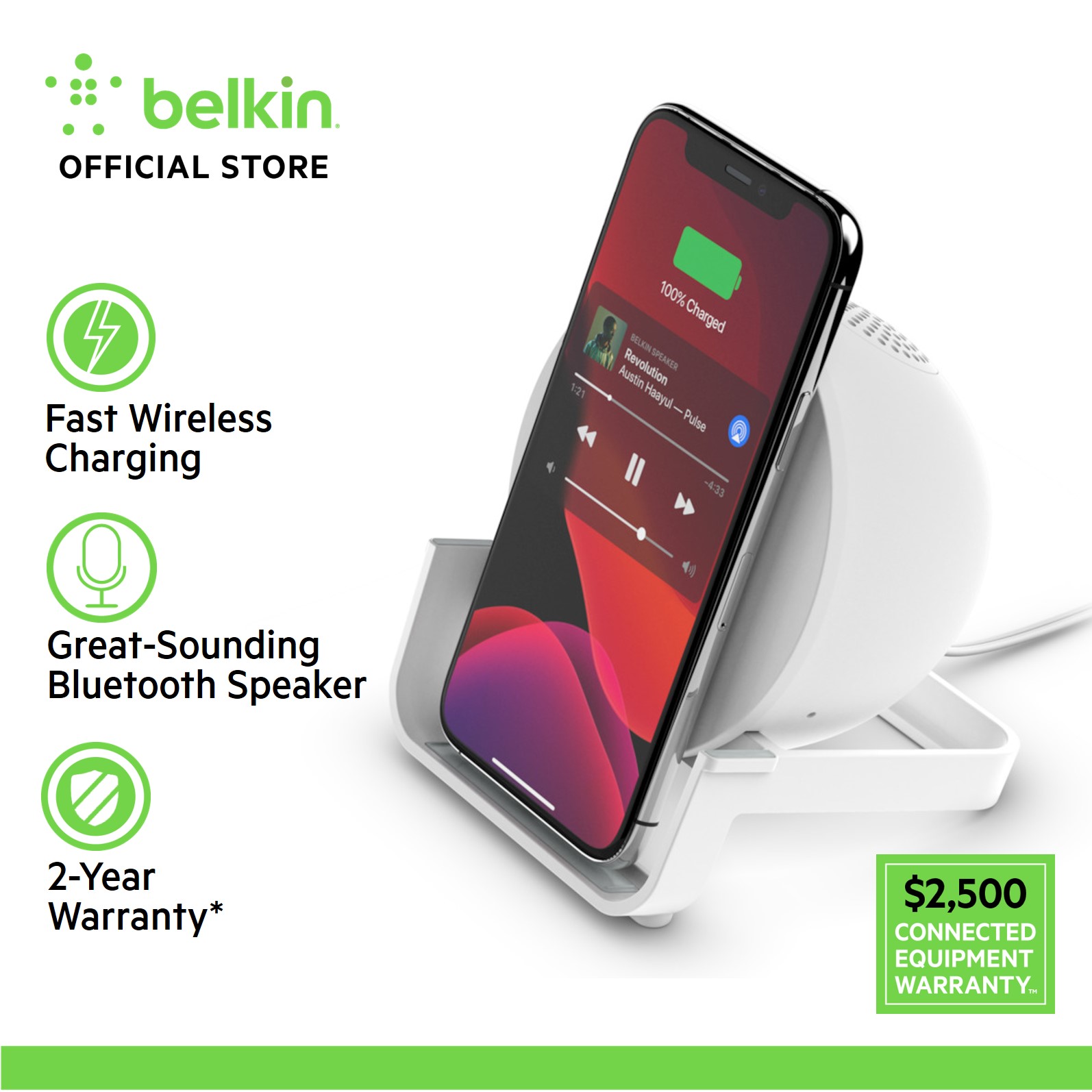 Belkin AUF001my BoostCharge Wireless Charging Stand + Speaker with Power Adapter