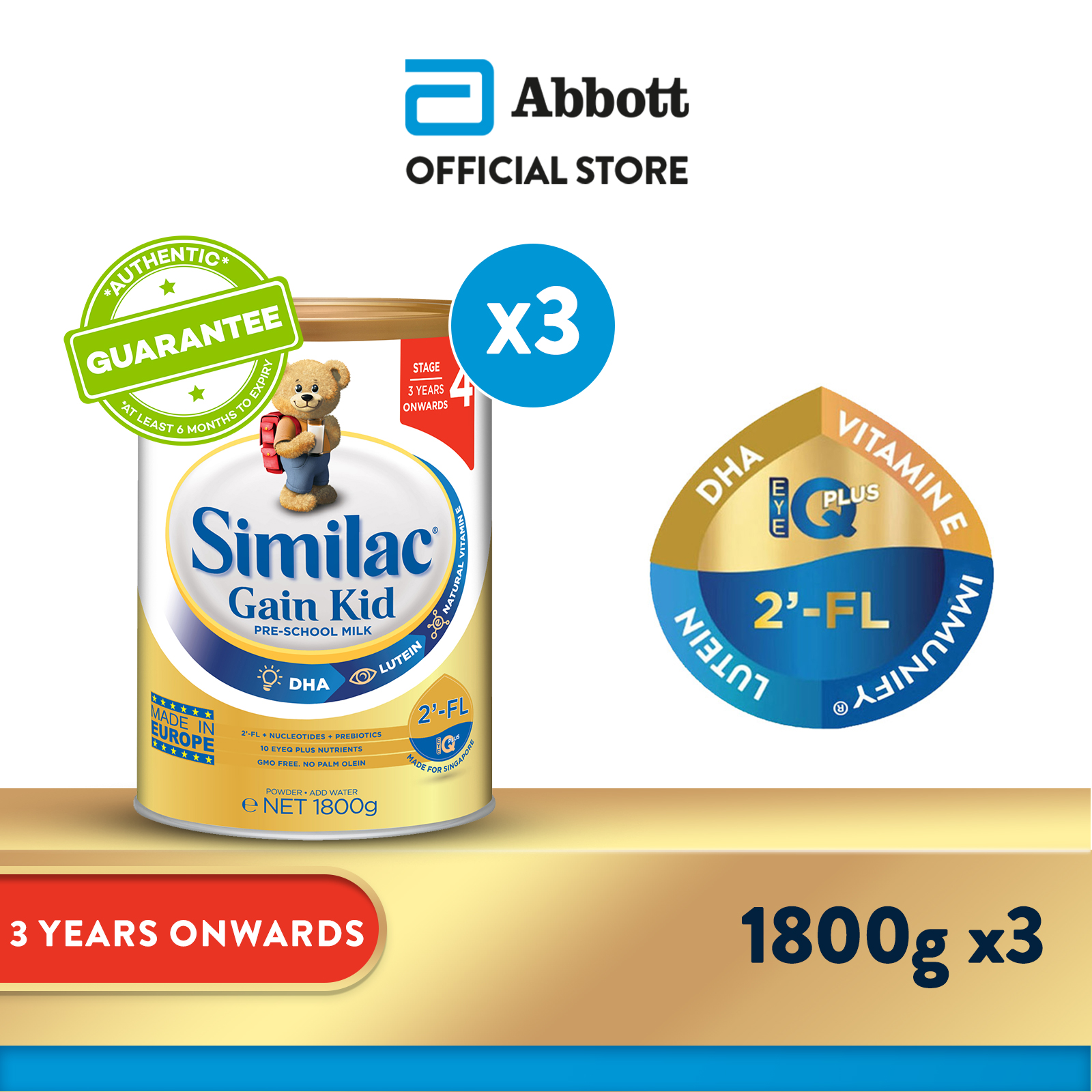 [Bundle of 3] Similac® Stage 4 Gain Kid Pre-school Milk Powder Formula 2'-FL 1.8kg (3 years onwards)