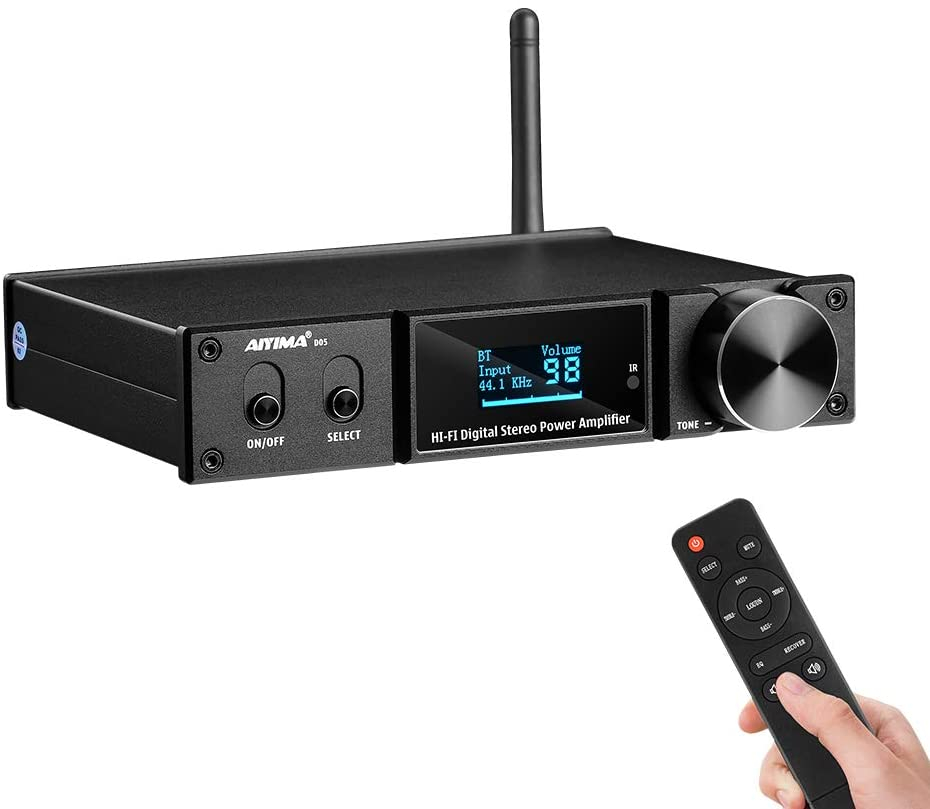 AIYIMA D05 Bluetooth 5.0 Power Amplifier 120Wx2 Stereo HiFi 2.1 CH Digital Sound Amplificador 24Bit/192kHz Class D Amp USB DAC Coaxial Optical OLED AptX, Support Subwoofer & with Remote (D05)